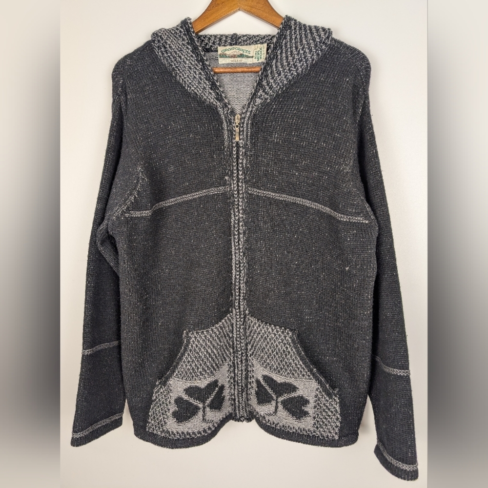 Aran Crafts Ireland 100% Merino Wool Knit Full Zip Hooded Sweater Shamrocks Cozy